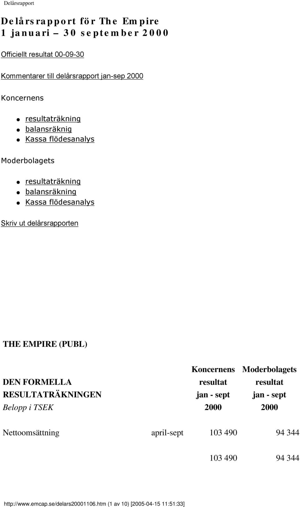 delårsrapporten Koncernens Moderbolagets DEN FORMELLA resultat resultat RESULTATRÄKNINGEN jan - sept jan - sept Belopp i TSEK 2000