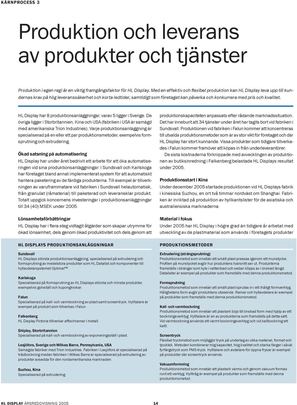 kvalitet. HL Display har 8 produktionsanläggningar, varav 5 ligger i Sverige. De övriga ligger i Storbritannien, Kina och USA (fabriken i USA är samägd med amerikanska Trion Industries).