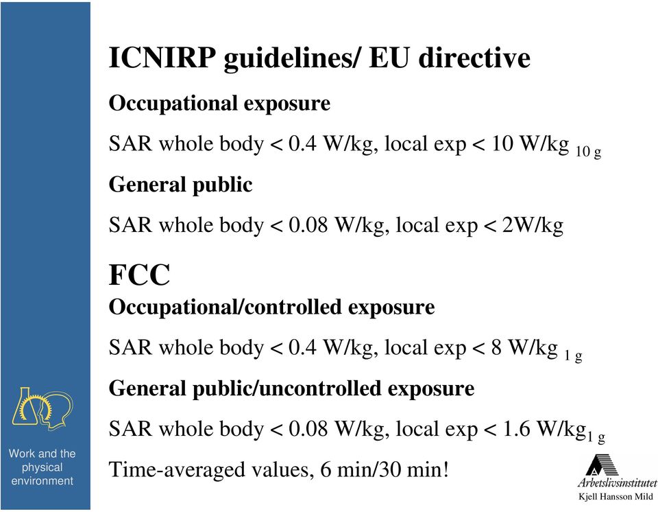 08 W/kg, local exp < 2W/kg FCC Occupational/controlled exposure SAR whole body < 0.