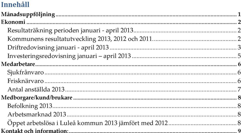 .. 3 Investeringsredovisning januari april 2013... 5 Medarbetare... 6 Sjukfrånvaro... 6 Frisknärvaro.