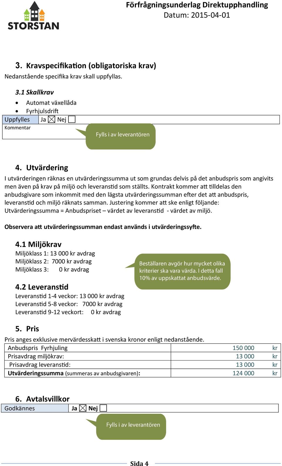 Kontrakt kommer att tilldelas den anbudsgivare som inkommit med den lägsta utvärderingssumman efter det att anbudspris, leveranstid och miljö räknats samman.