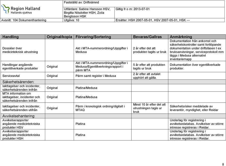 information om iakttagelser, incidenter och säkerhetsärenden inifrån Iakttagelser och incidenter, säkerhetsärenden utifrån Avvikelsehantering: Avvikelserapporter angående medicintekniska produkter