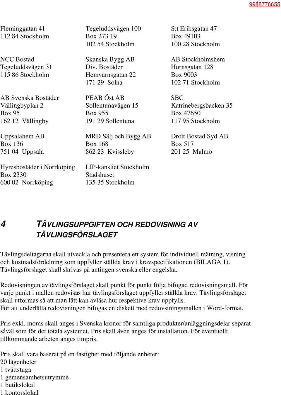 Bostäder Hemvärnsgatan 22 171 29 Solna PEAB Öst AB Sollentunavägen 15 Box 955 191 29 Sollentuna MRD Sälj och Bygg AB Box 168 862 23 Kvissleby LIP-kansliet Stockholm Stadshuset 135 35 Stockholm S:t