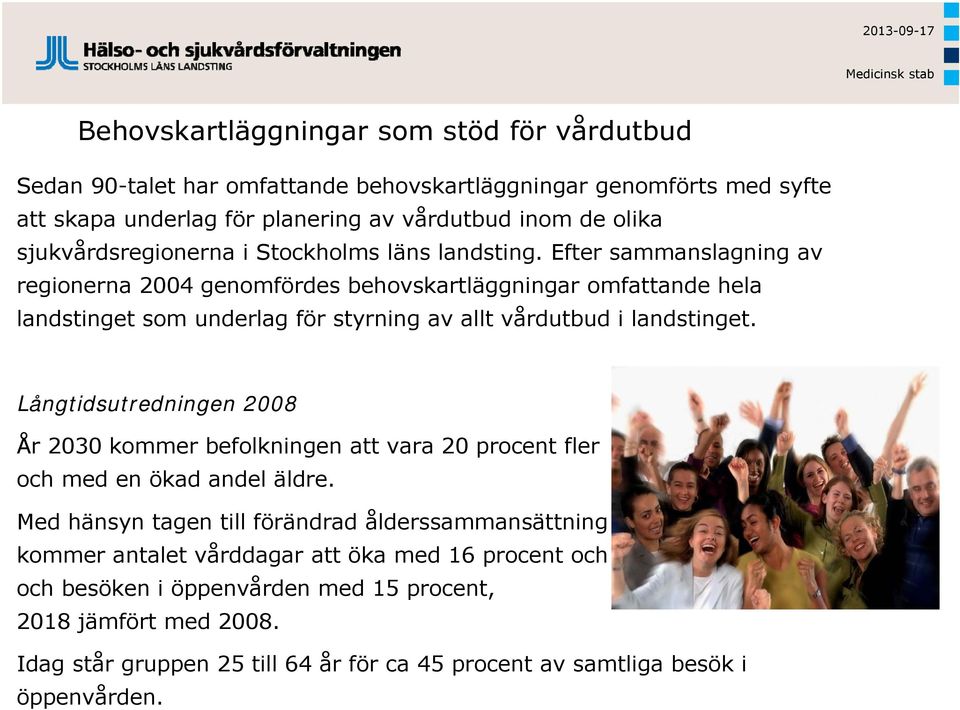 Långtidsutredningen 2008 År 2030 kommer befolkningen att vara 20 procent fler och med en ökad andel äldre.