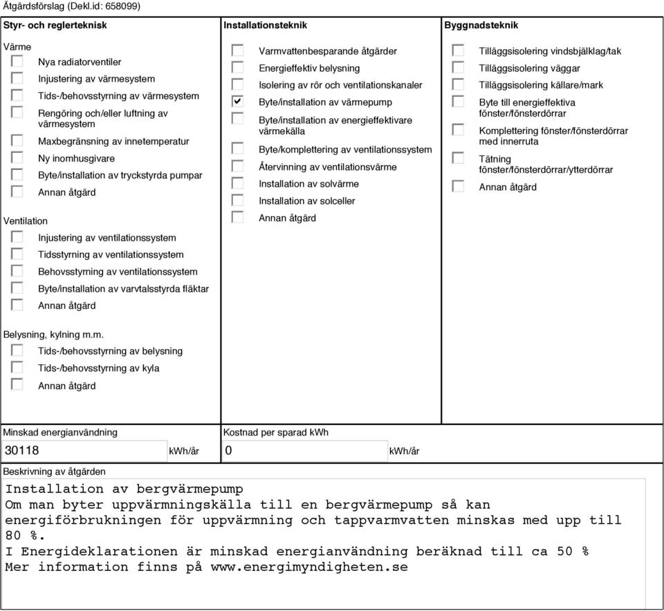 innetemperatur Ny inomhusgivare Byte/installation av tryckstyrda pumpar Injustering av ventilationssystem Tidsstyrning av ventilationssystem Behovsstyrning av ventilationssystem Byte/installation av