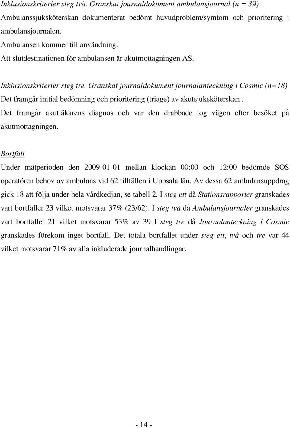 Granskat journaldokument journalanteckning i Cosmic (n=18) Det framgår initial bedömning och prioritering (triage) av akutsjuksköterskan.