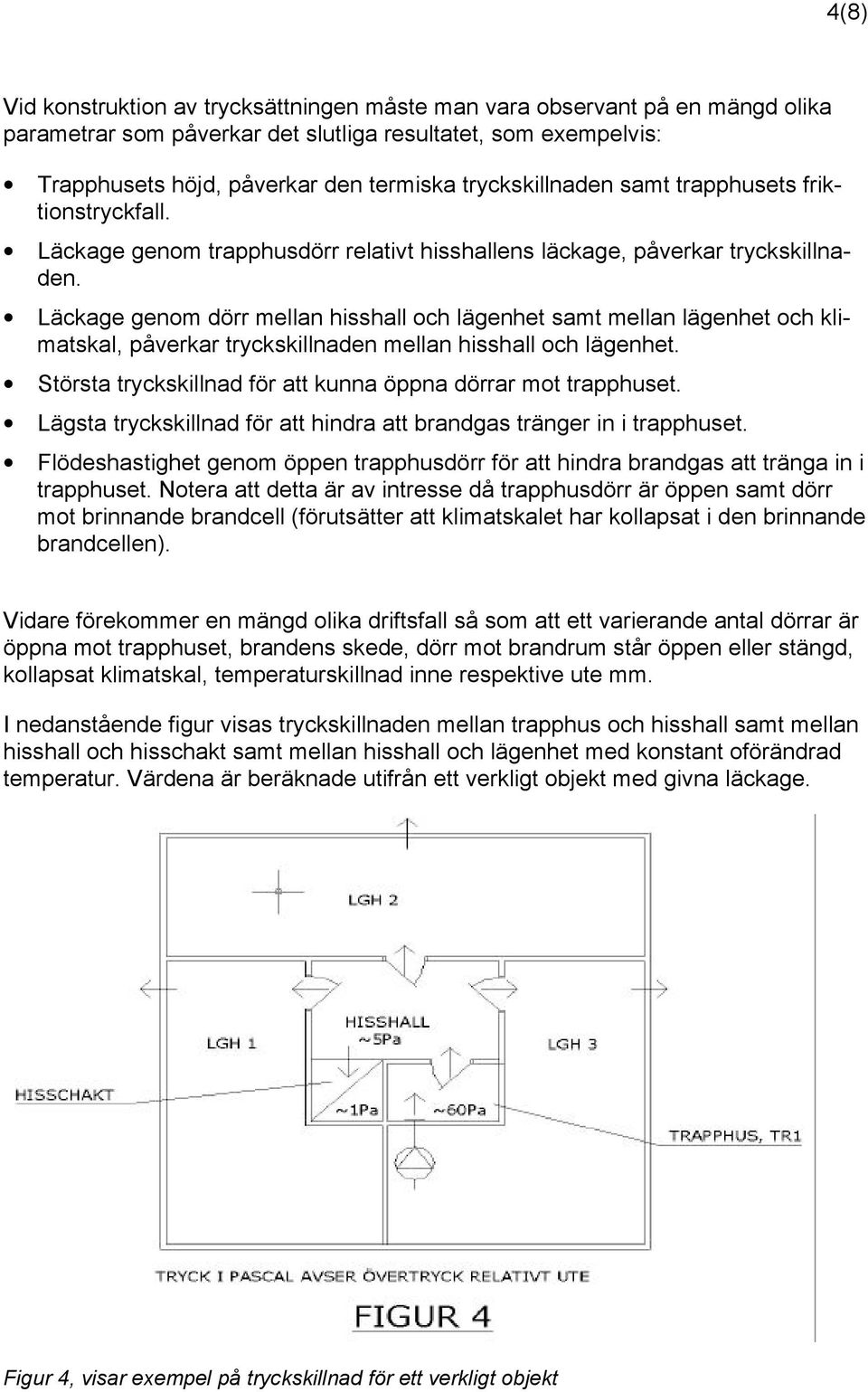 Läckage genom dörr mellan hisshall och lägenhet samt mellan lägenhet och klimatskal, påverkar tryckskillnaden mellan hisshall och lägenhet.