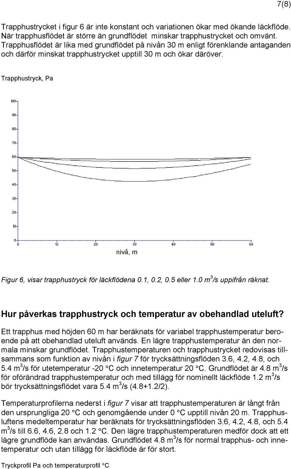 Trapphustryck, Pa nivå, m Figur 6, visar trapphustryck för läckflödena 0.1, 0.2, 0.5 eller 1.0 m 3 /s uppifrån räknat. Hur påverkas trapphustryck och temperatur av obehandlad uteluft?