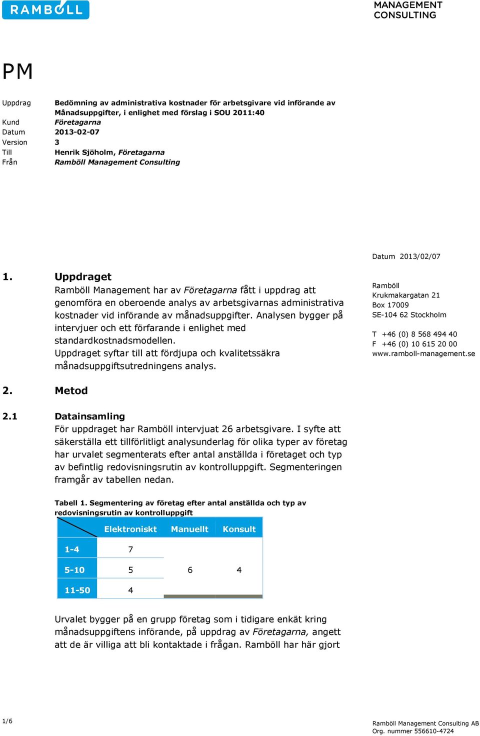 Uppdraget Ramböll Management har av Företagarna fått i uppdrag att genomföra en oberoende analys av arbetsgivarnas administrativa kostnader vid införande av månadsuppgifter.