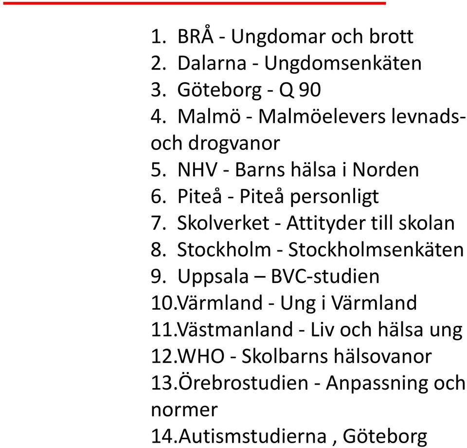 Skolverket - Attityder till skolan 8. Stockholm - Stockholmsenkäten 9. Uppsala BVC-studien 10.