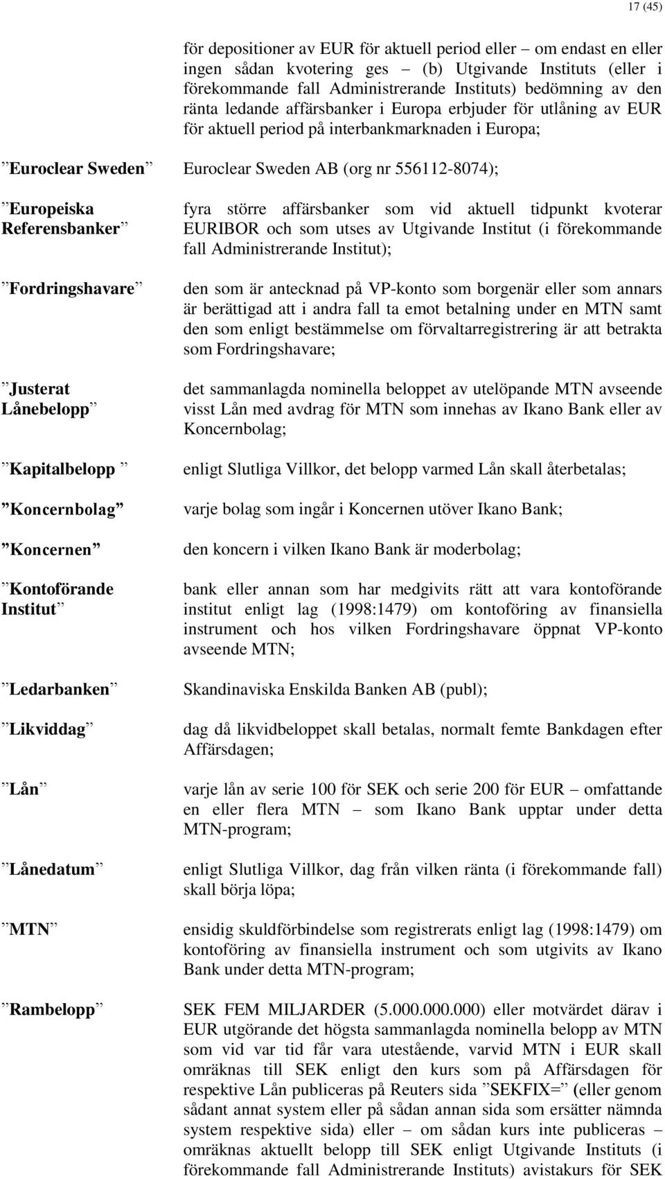 Referensbanker Fordringshavare Justerat Lånebelopp Kapitalbelopp Koncernbolag Koncernen Kontoförande Institut Ledarbanken Likviddag Lån Lånedatum MTN Rambelopp fyra större affärsbanker som vid