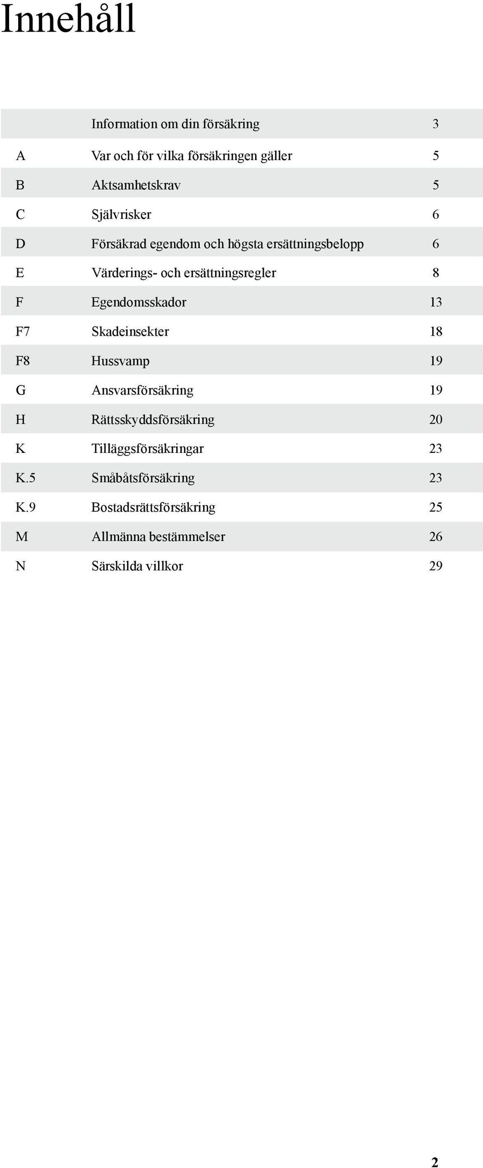 Egendomsskador 13 F7 Skadeinsekter 18 F8 Hussvamp 19 G Ansvarsförsäkring 19 H Rättsskyddsförsäkring K