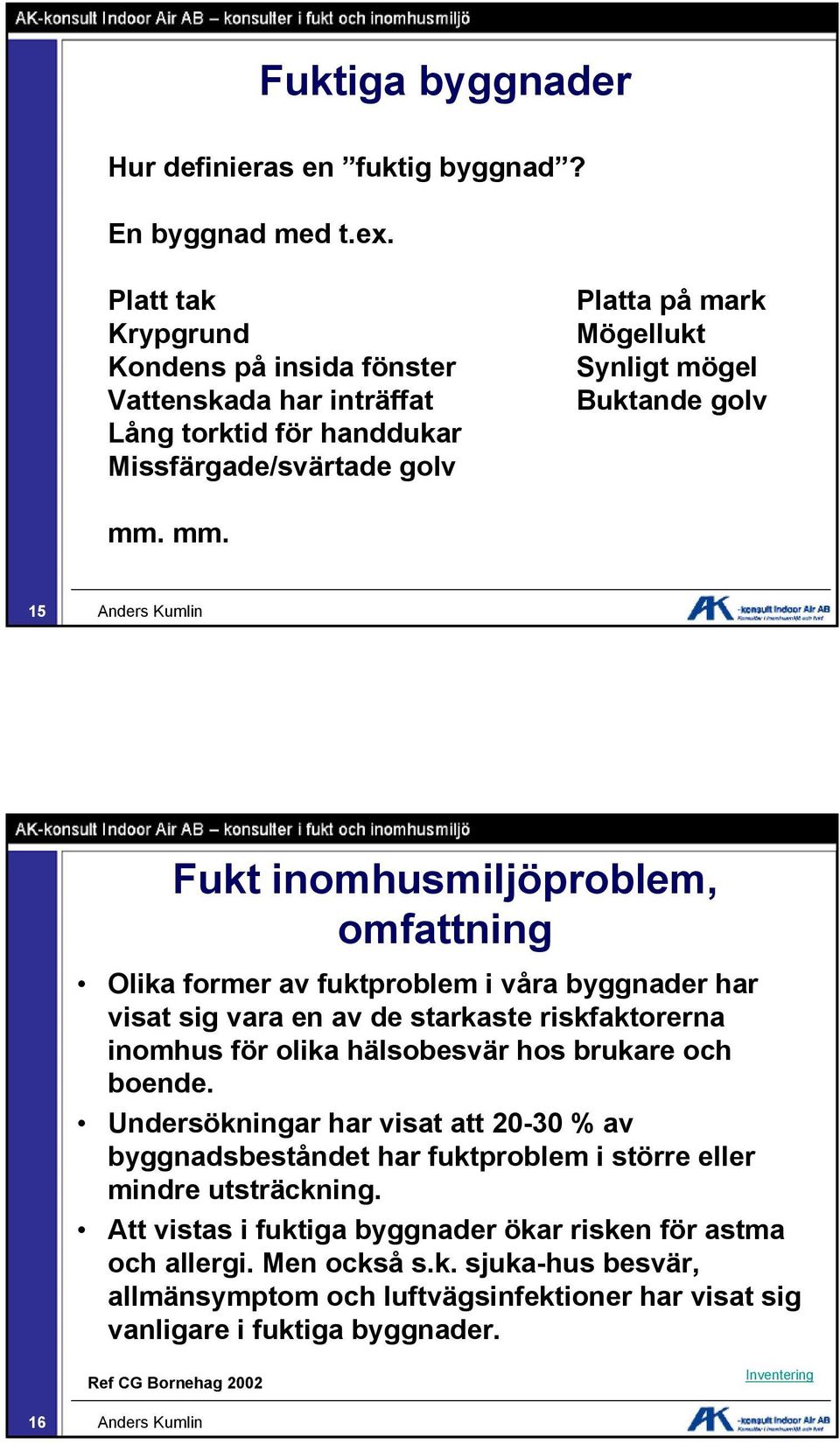 mm. 15 Fukt inomhusmiljöproblem, omfattning Olika former av fuktproblem i våra byggnader har visat sig vara en av de starkaste riskfaktorerna inomhus för olika hälsobesvär hos brukare och boende.