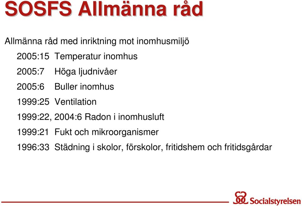 Ventilation 1999:22, 2004:6 Radon i inomhusluft 1999:21 Fukt och