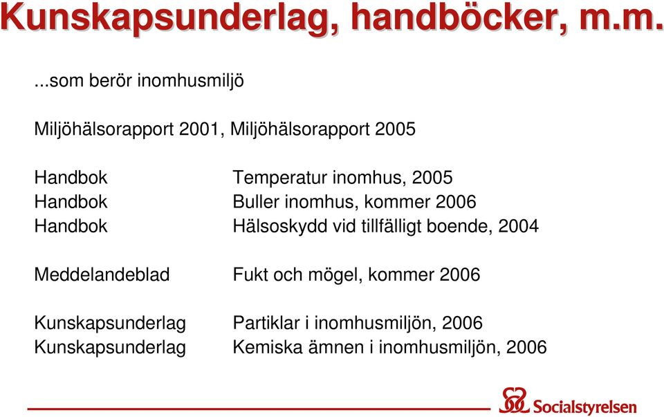 Temperatur inomhus, 2005 Handbok Buller inomhus, kommer 2006 Handbok Hälsoskydd vid