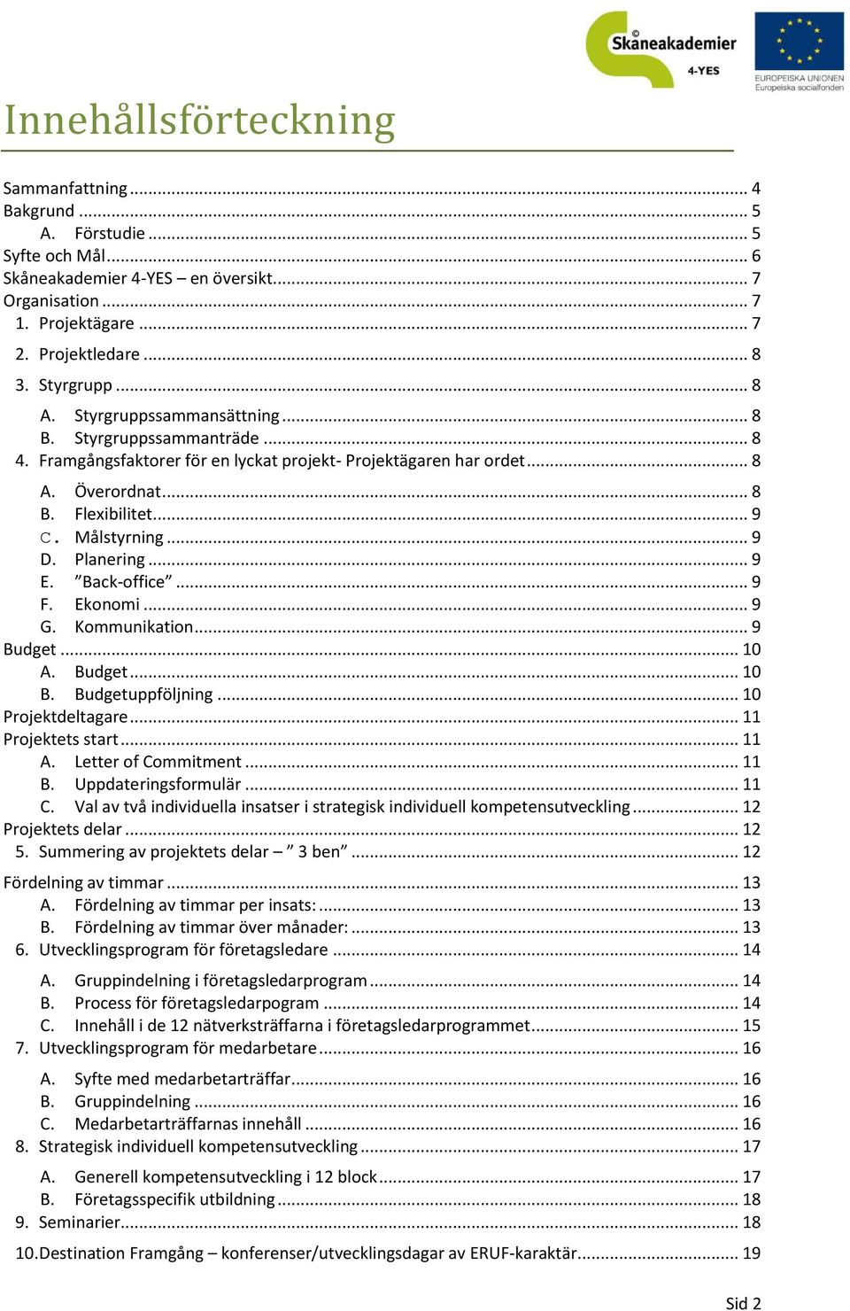 Målstyrning... 9 D. Planering... 9 E. Back-office... 9 F. Ekonomi... 9 G. Kommunikation... 9 Budget... 10 A. Budget... 10 B. Budgetuppföljning... 10 Projektdeltagare... 11 Projektets start... 11 A.