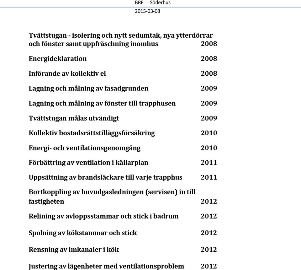 ventilationsgenomgång 2010 Förbättring av ventilation i källarplan 2011 Uppsättning av brandsläckare till varje trapphus 2011 Bortkoppling av huvudgasledningen (servisen) in
