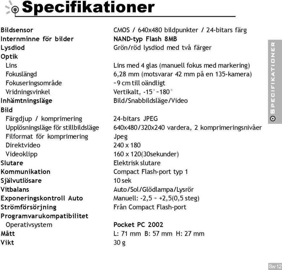 Färgdjup / komprimering 24-bitars JPEG Upplösningsläge för stillbildsläge 640x480/320x240 vardera, 2 komprimeringsnivåer Filformat för komprimering Jpeg Direktvideo 240 x 180 Videoklipp 160 x