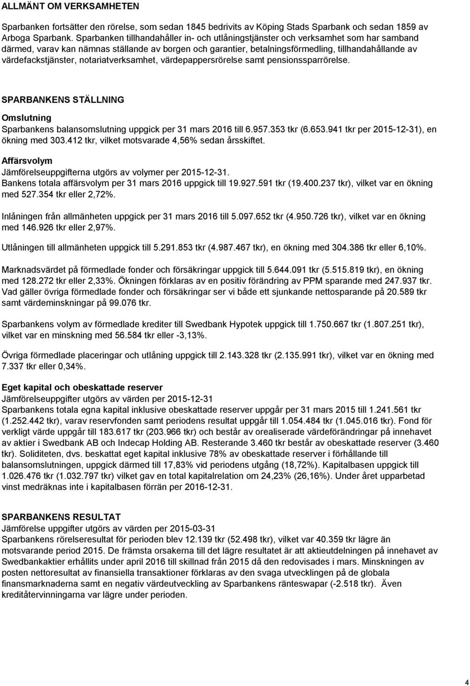 värdefackstjänster, notariatverksamhet, värdepappersrörelse samt pensionssparrörelse. SPARBANKENS STÄLLNING Omslutning Sparbankens balansomslutning uppgick per 31 mars 2016 till 6.957.353 tkr (6.653.