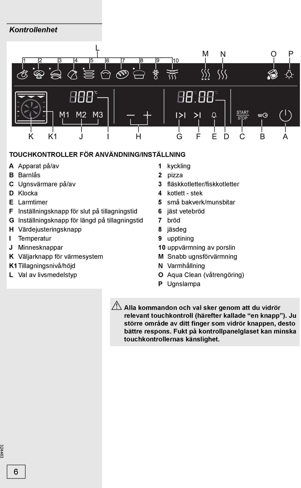 skkotletter 4 kotlett - stek 5 små bakverk/munsbitar 6 jäst vetebröd 7 bröd 8 jäsdeg 9 upptining 10 uppvärmning av porslin M Snabb ugnsförvärmning N Varmhållning O Aqua Clean (våtrengöring) P