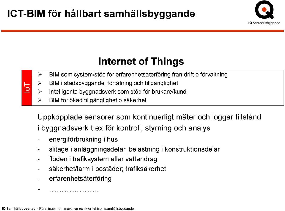 kontinuerligt mäter och loggar tillstånd i byggnadsverk t ex för kontroll, styrning och analys - energiförbrukning i hus - slitage i