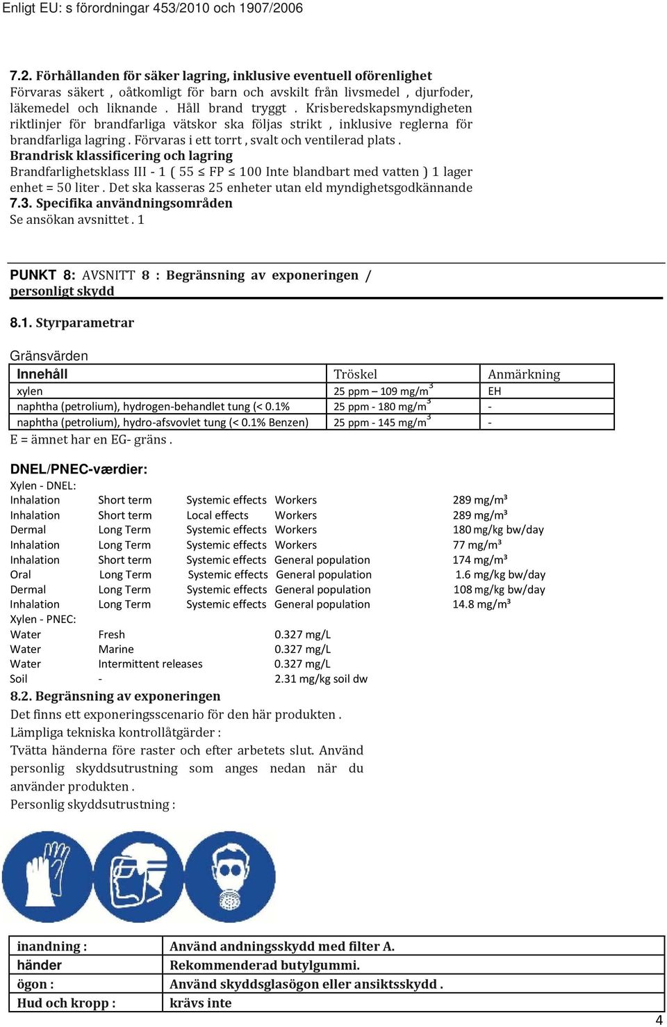 Brandrisk klassificering och lagring Brandfarlighetsklass III 1 ( 55 FP 100 Inte blandbart med vatten ) 1 lager enhet = 50 liter. Det ska kasseras 25 enheter utan eld myndighetsgodkännande 7.3.