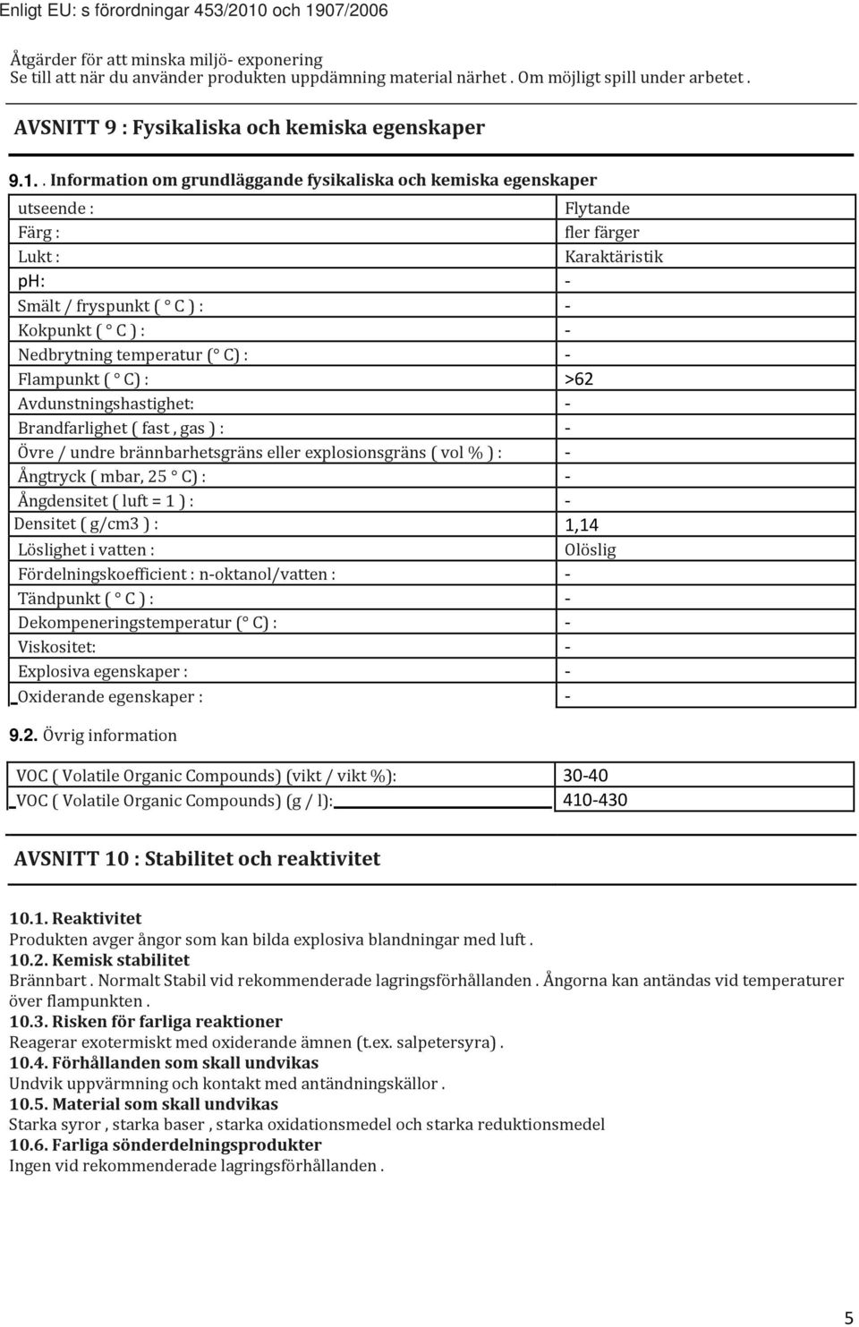 C) : Flampunkt ( C) : >62 Avdunstningshastighet: Brandfarlighet ( fast, gas ) : Övre / undre brännbarhetsgräns eller explosionsgräns ( vol % ) : Ångtryck ( mbar, 25 C) : Ångdensitet ( luft = 1 ) :