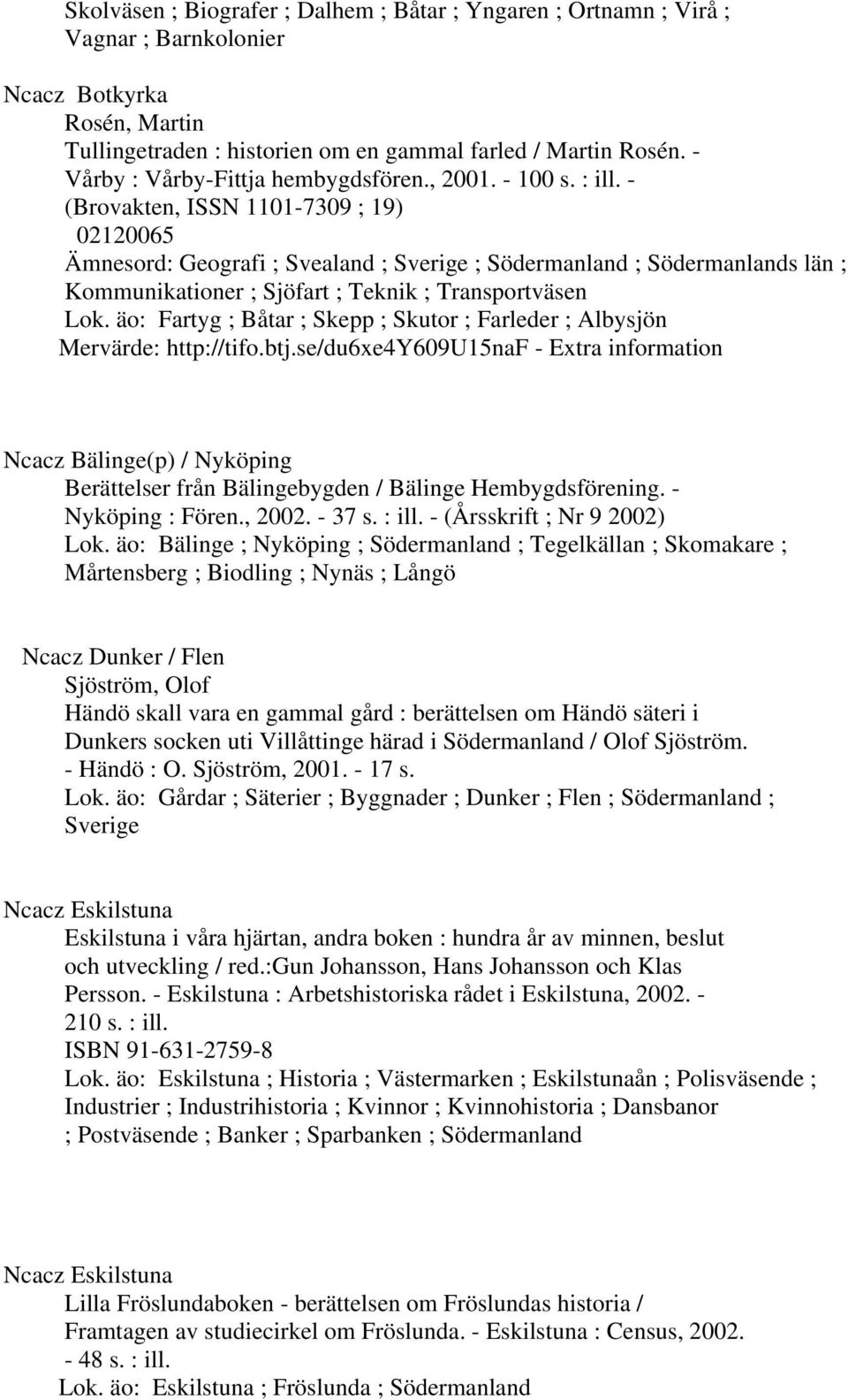 - (Brovakten, ISSN 1101-7309 ; 19) 02120065 Ämnesord: Geografi ; Svealand ; Sverige ; Södermanland ; Södermanlands län ; Kommunikationer ; Sjöfart ; Teknik ; Transportväsen Lok.