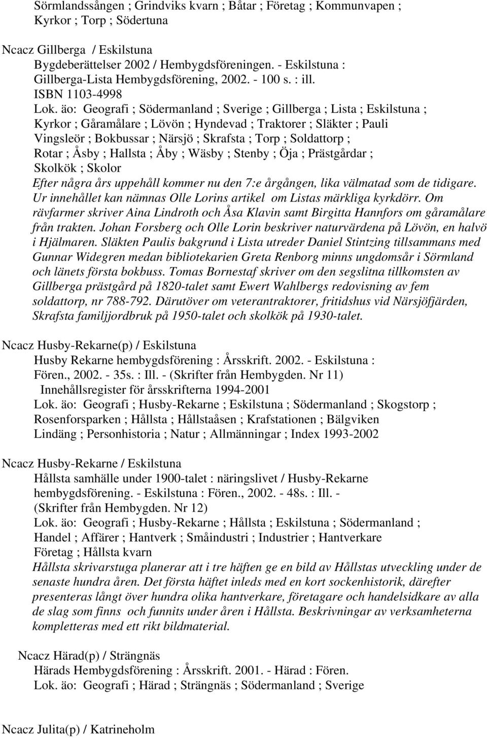 äo: Geografi ; Södermanland ; Sverige ; Gillberga ; Lista ; Eskilstuna ; Kyrkor ; Gåramålare ; Lövön ; Hyndevad ; Traktorer ; Släkter ; Pauli Vingsleör ; Bokbussar ; Närsjö ; Skrafsta ; Torp ;