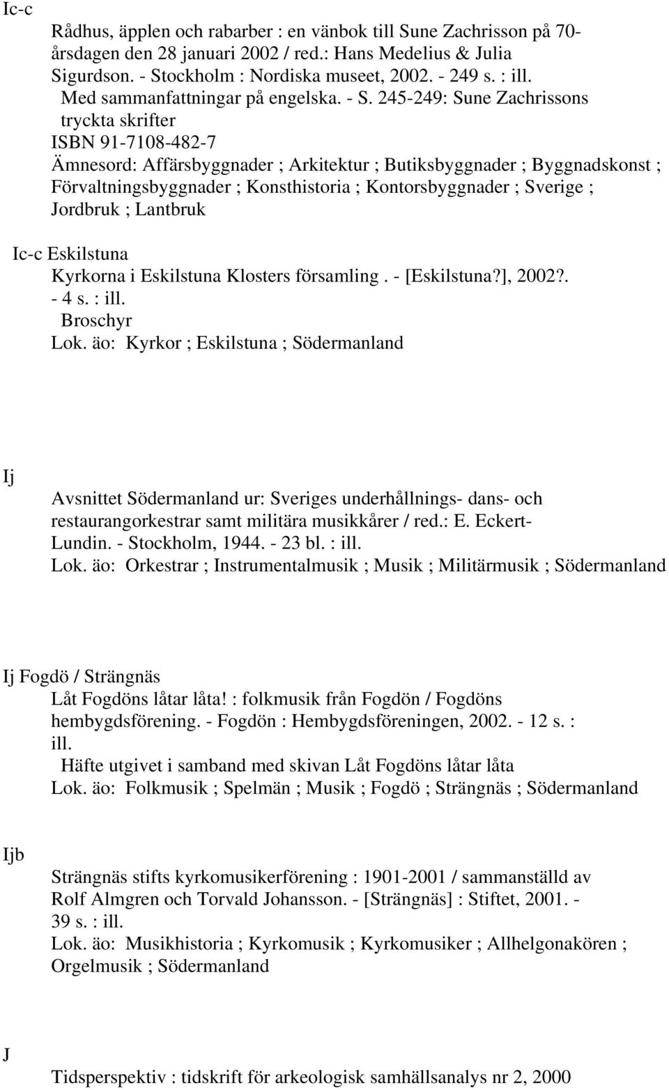 245-249: Sune Zachrissons tryckta skrifter ISBN 91-7108-482-7 Ämnesord: Affärsbyggnader ; Arkitektur ; Butiksbyggnader ; Byggnadskonst ; Förvaltningsbyggnader ; Konsthistoria ; Kontorsbyggnader ;