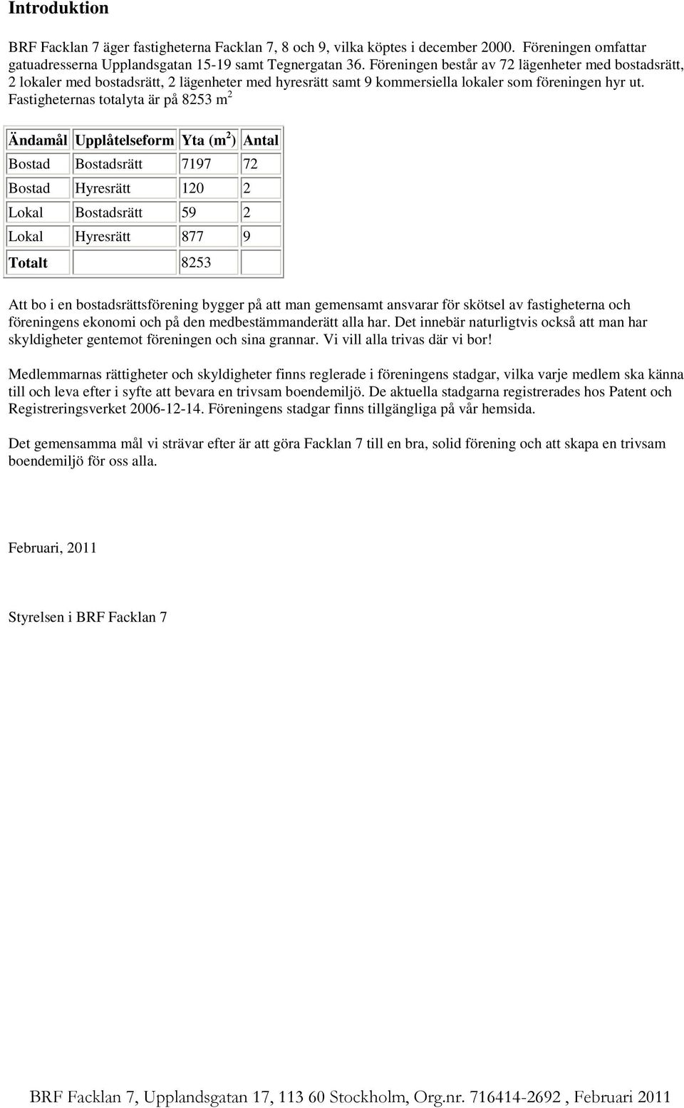 Fastigheternas totalyta är på 8253 m 2 Ändamål Upplåtelseform Yta (m 2 ) Antal Bostad Bostadsrätt 7197 72 Bostad Hyresrätt 120 2 Lokal Bostadsrätt 59 2 Lokal Hyresrätt 877 9 Totalt 8253 Att bo i en