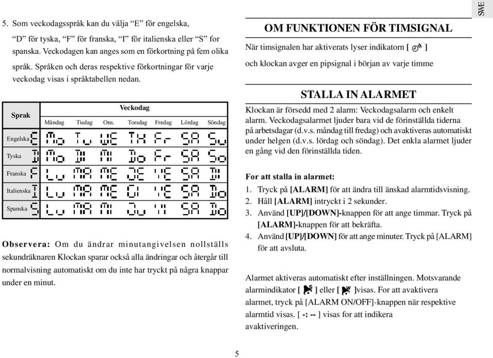 Torsdag Fredag Lördag Söndag OM FUNKTIONEN FÖR TIMSIGNAL När timsignalen har aktiverats lyser indikatorn [ ] och klockan avger en pipsignal i början av varje timme STALLA IN ALARMET Klockan är