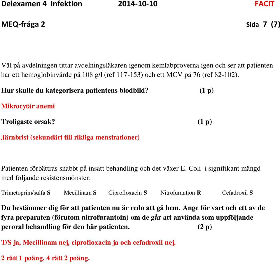 (1 p) Järnbrist (sekundärt till rikliga menstrationer) Patienten förbättras snabbt på insatt behandling och det växer E.