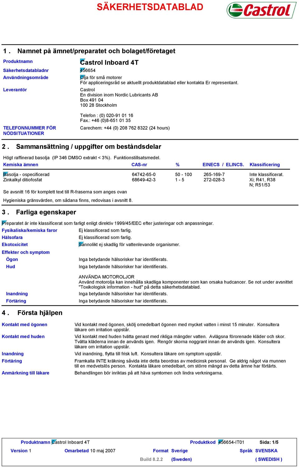 appliceringsråd se aktuellt produktdatablad eller kontakta Er representant. Castrol En division inom Nordic Lubricants AB Box 491 04 100 28 Stockholm Telefon : (0) 020-91 01 16 Fax.
