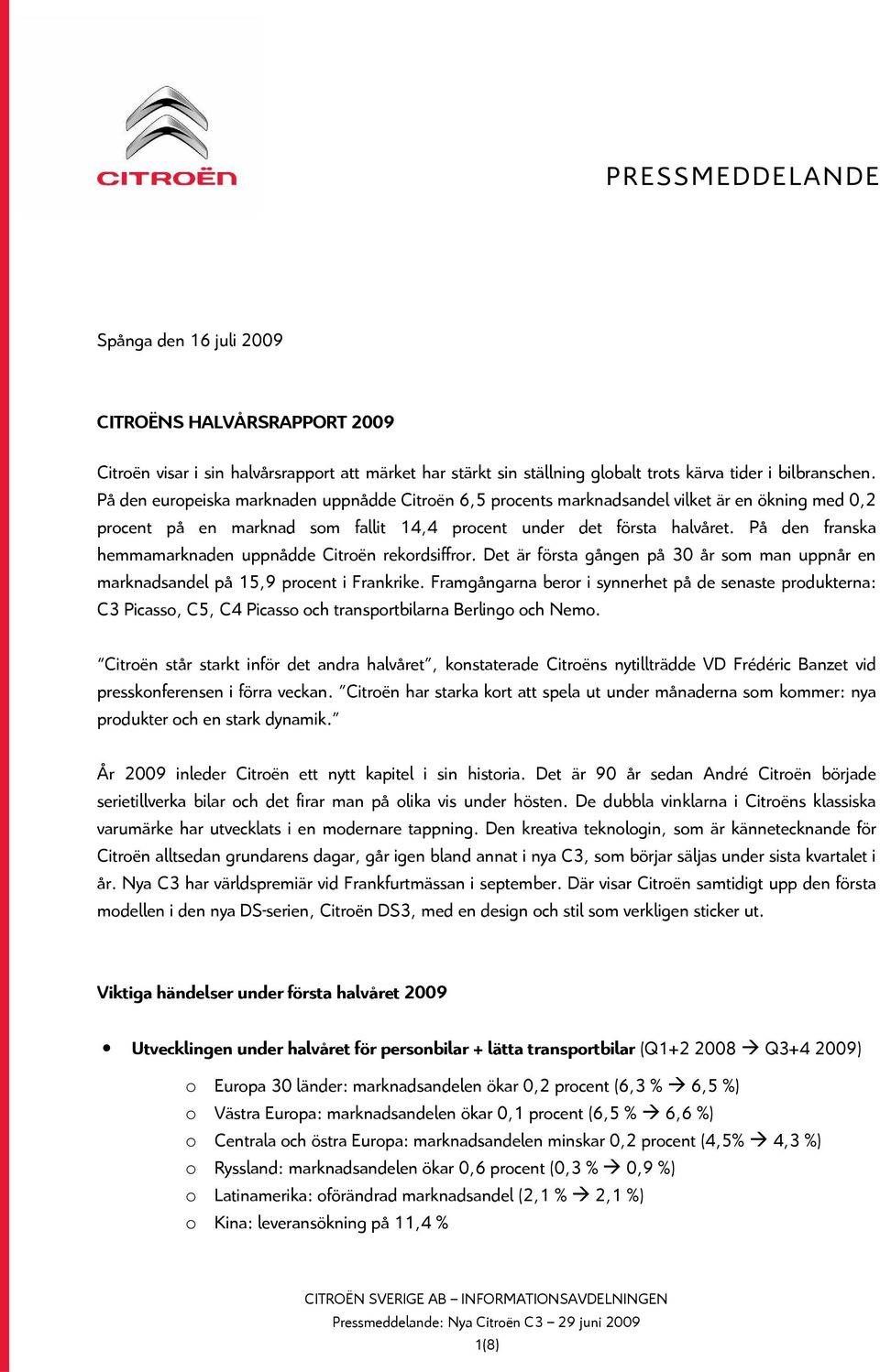 På den franska hemmamarknaden uppnådde Citroën rekordsiffror. Det är första gången på 30 år som man uppnår en marknadsandel på 15,9 procent i Frankrike.