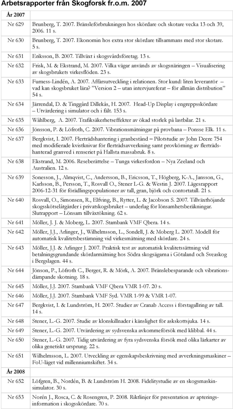 Nr 633 Furness-Lindén, A. 2007. Affärsutveckling i relationen. Stor kund: liten leverantör vad kan skogsbruket lära? Version 2 utan intervjureferat för allmän distribution 54 s. Nr 634 Järrendal, D.