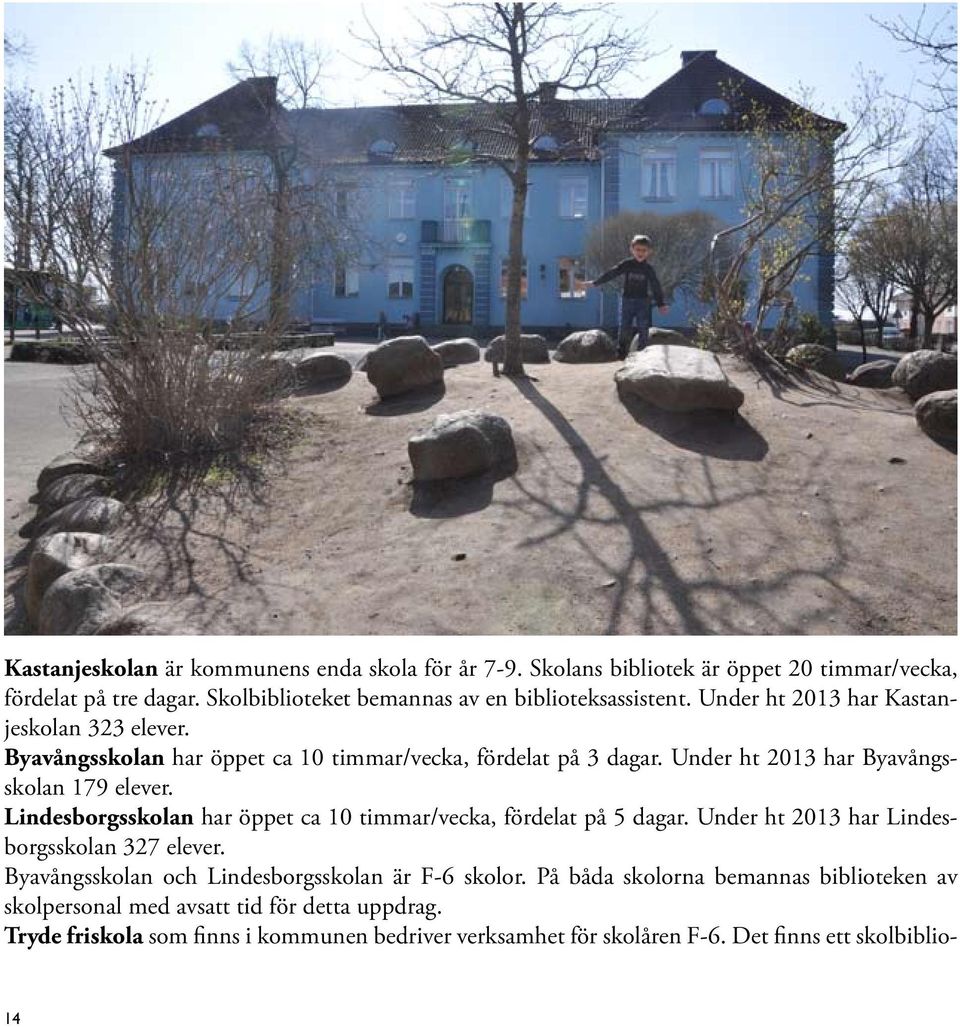 Lindesborgsskolan har öppet ca 10 timmar/vecka, fördelat på 5 dagar. Under ht 2013 har Lindesborgsskolan 327 elever. Byavångsskolan och Lindesborgsskolan är F-6 skolor.