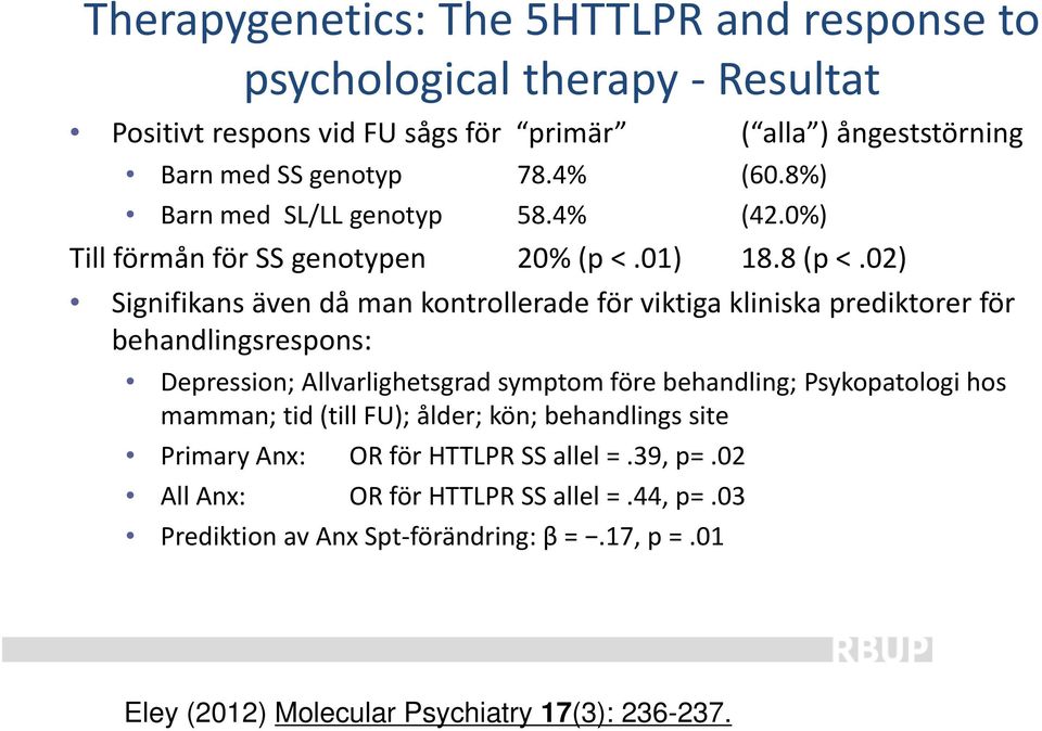 02) Signifikans även då man kontrollerade för viktiga kliniska prediktorer för behandlingsrespons: Depression; Allvarlighetsgrad symptom före behandling; Psykopatologi