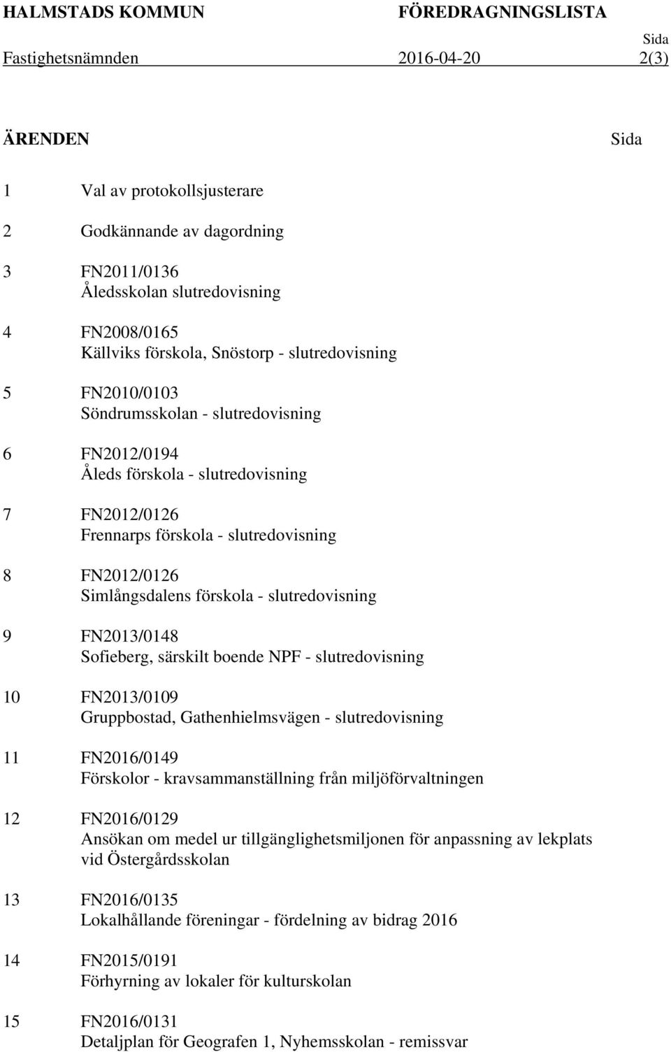 slutredovisning 8 FN2012/0126 Simlångsdalens förskola - slutredovisning 9 FN2013/0148 Sofieberg, särskilt boende NPF - slutredovisning 10 FN2013/0109 Gruppbostad, Gathenhielmsvägen - slutredovisning