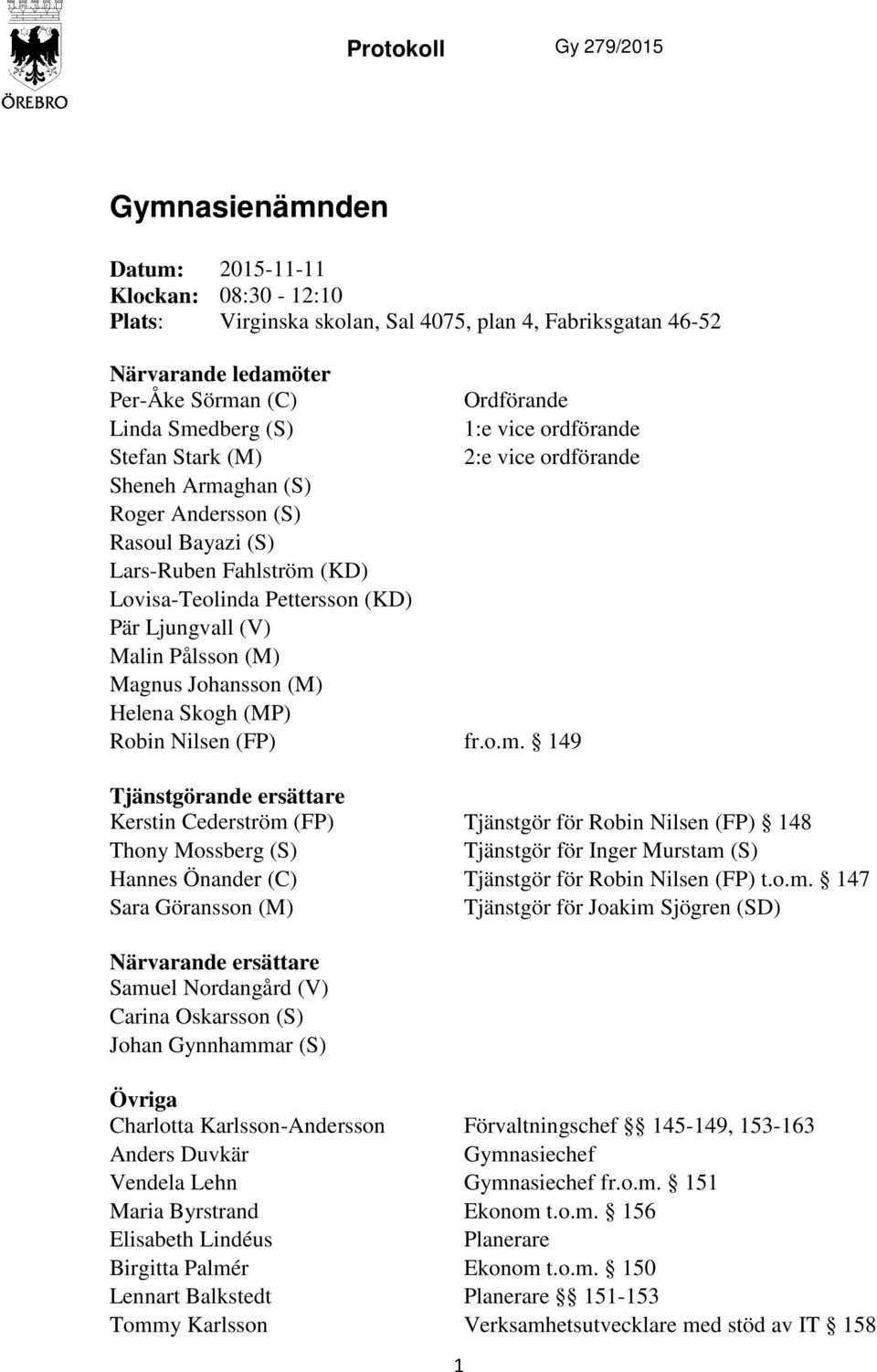 (V) Malin Pålsson (M) Magnus Johansson (M) Helena Skogh (MP) Robin Nilsen (FP) fr.o.m.