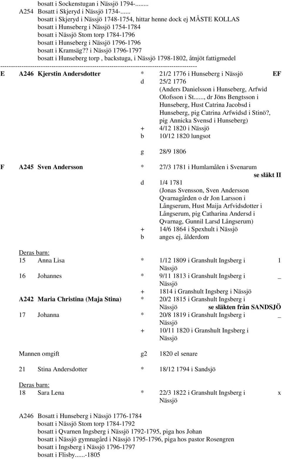 ? i 1796-1797 bosatt i Hunseberg torp, backstuga, i 1798-1802, åtnjöt fattigmedel E A246 Kjerstin Andersdotter * 21/2 1776 i Hunseberg i EF d 25/2 1776 (Anders Danielsson i Hunseberg, Arfwid Olofsson