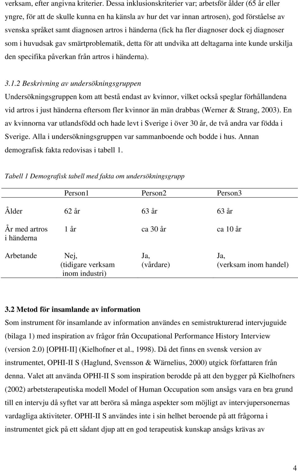 händerna (fick ha fler diagnoser dock ej diagnoser som i huvudsak gav smärtproblematik, detta för att undvika att deltagarna inte kunde urskilja den specifika påverkan från artros i händerna). 3.1.
