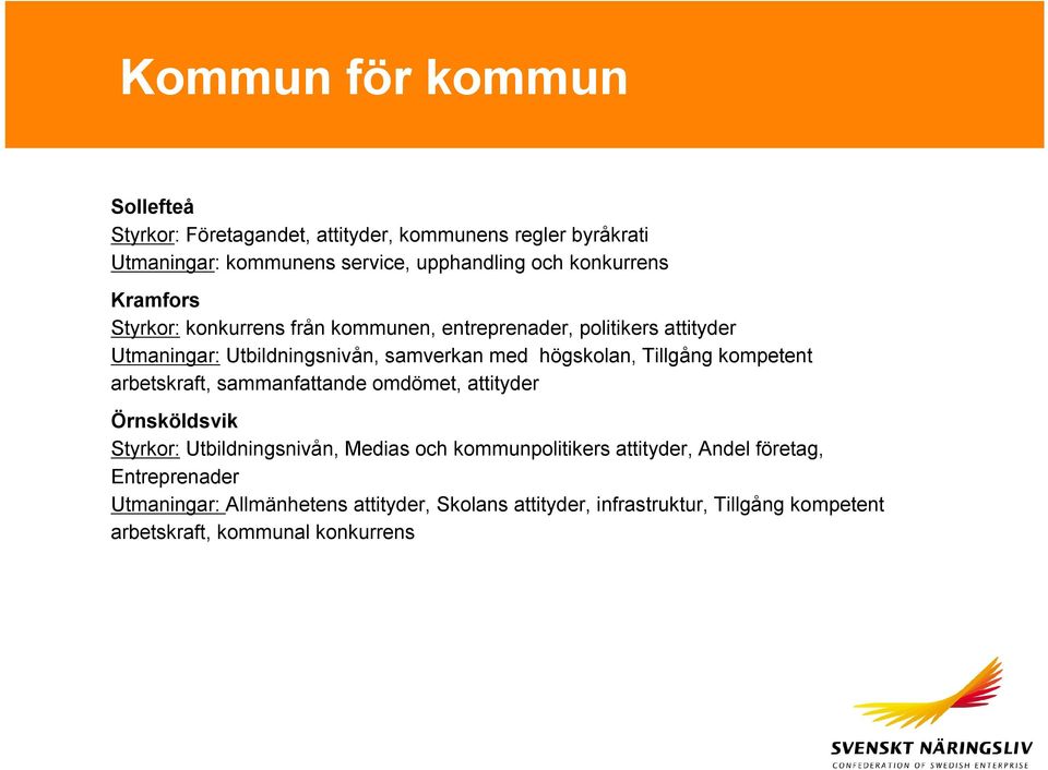 högskolan, Tillgång kompetent arbetskraft, sammanfattande omdömet, attityder Örnsköldsvik Styrkor: Utbildningsnivån, Medias och kommunpolitikers