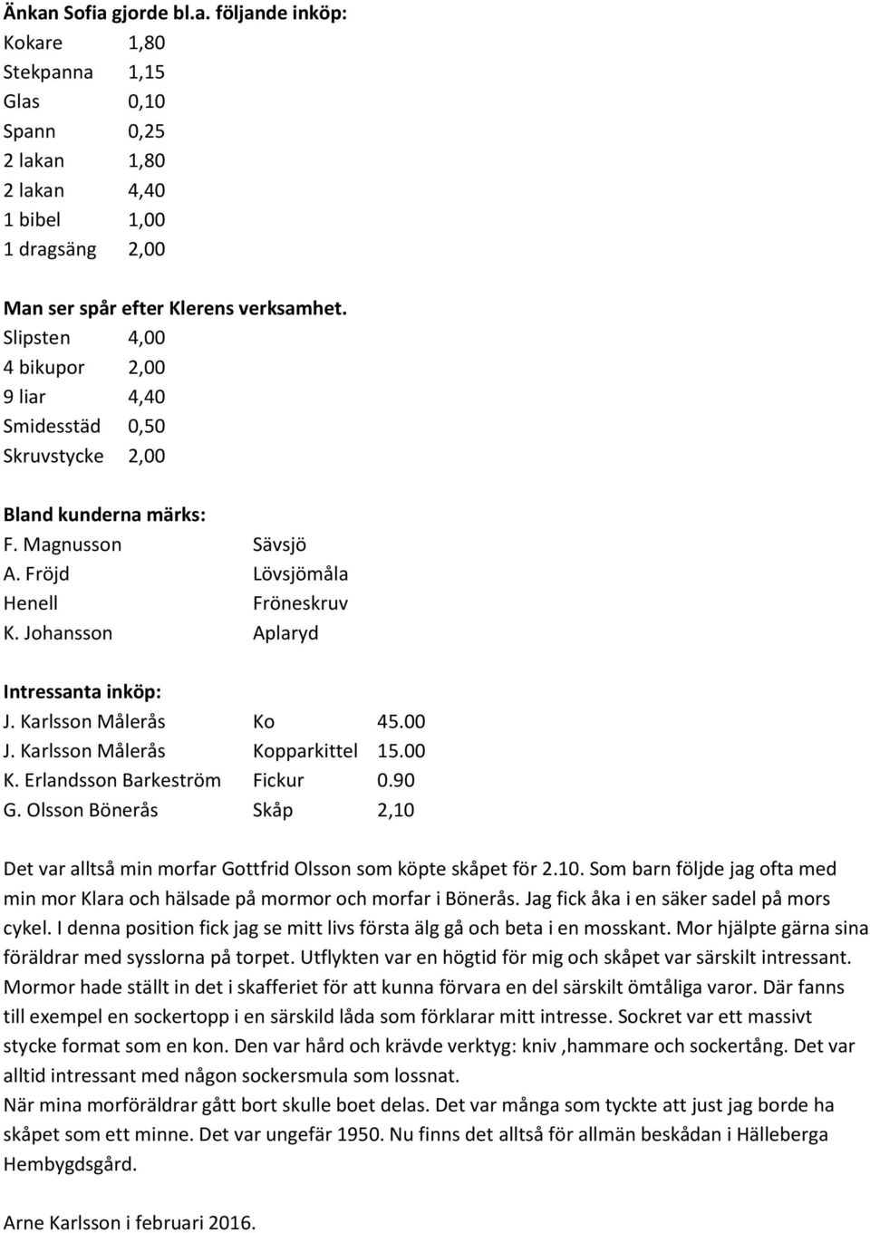 Karlsson Målerås Ko 45.00 J. Karlsson Målerås Kopparkittel 15.00 K. Erlandsson Barkeström Fickur 0.90 G. Olsson Bönerås Skåp 2,10 