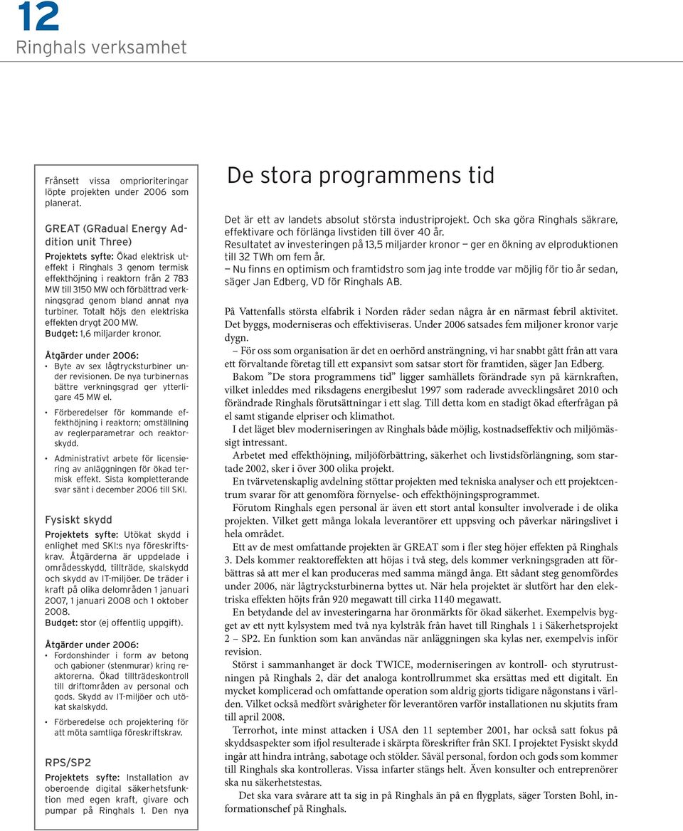 bland annat nya turbiner. Totalt höjs den elektriska effekten drygt 200 MW. Budget: 1,6 miljarder kronor. Åtgärder under 2006: Byte av sex lågtrycksturbiner under revisionen.