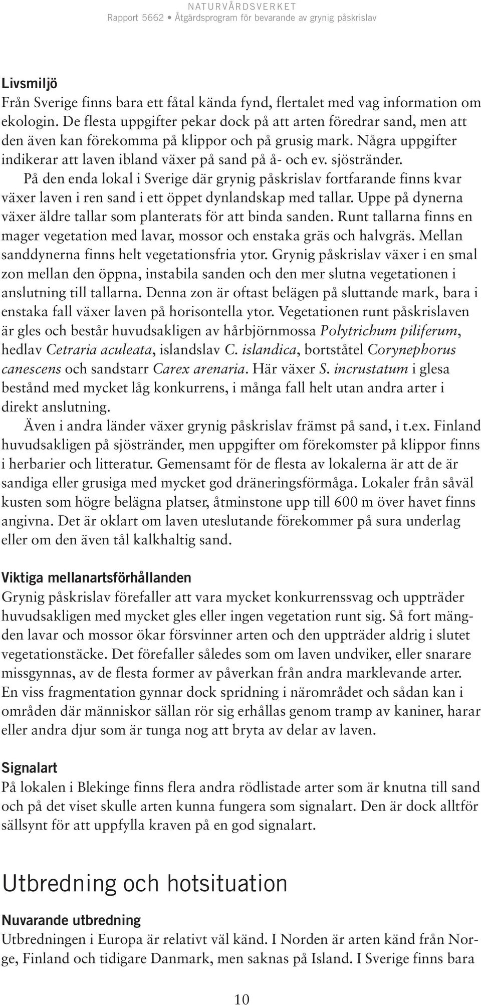 sjöstränder. På den enda lokal i Sverige där grynig påskrislav fortfarande finns kvar växer laven i ren sand i ett öppet dynlandskap med tallar.