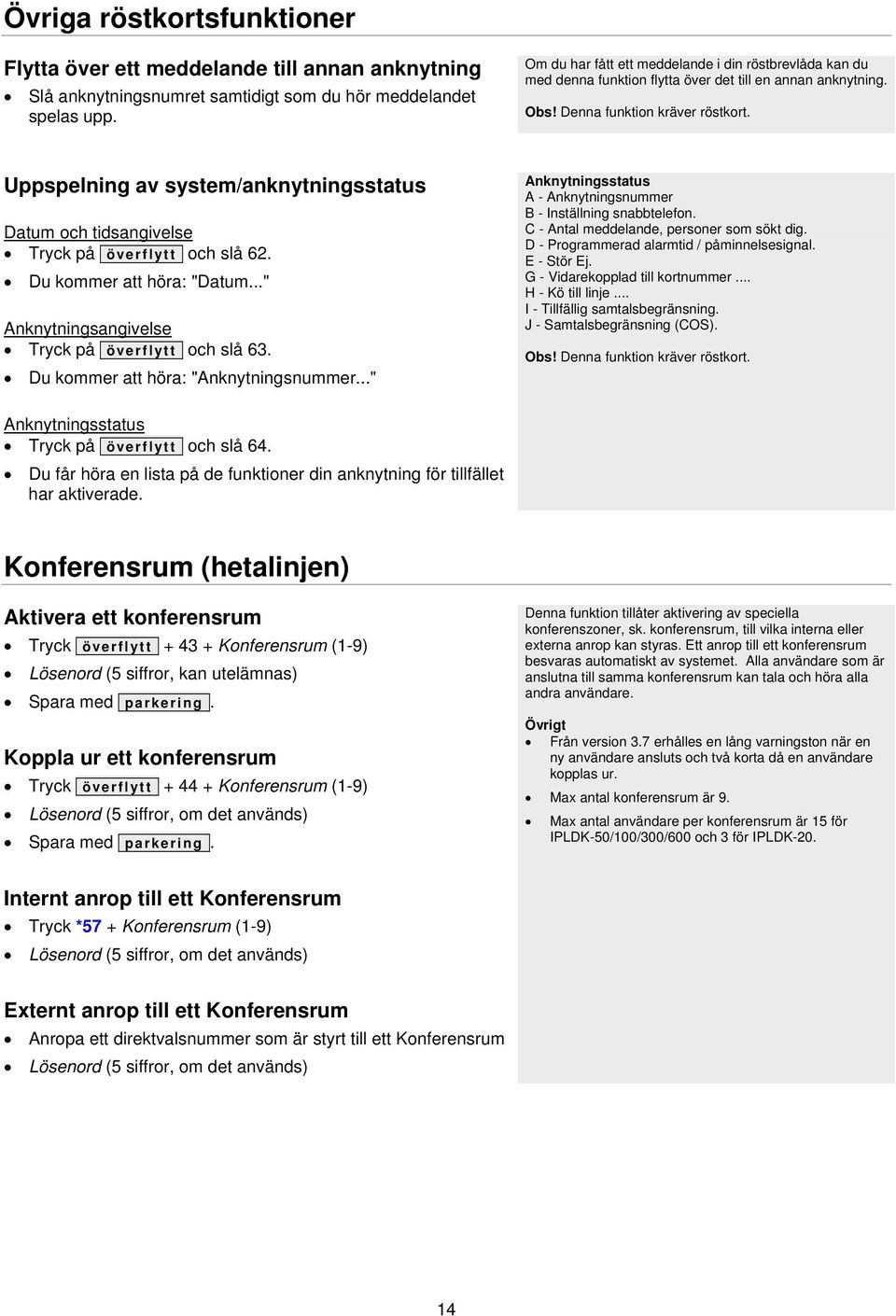 Uppspelning av system/anknytningsstatus Datum och tidsangivelse Tryck på överflytt och slå 62. Du kommer att höra: "Datum..." Anknytningsangivelse Tryck på överflytt och slå 63.