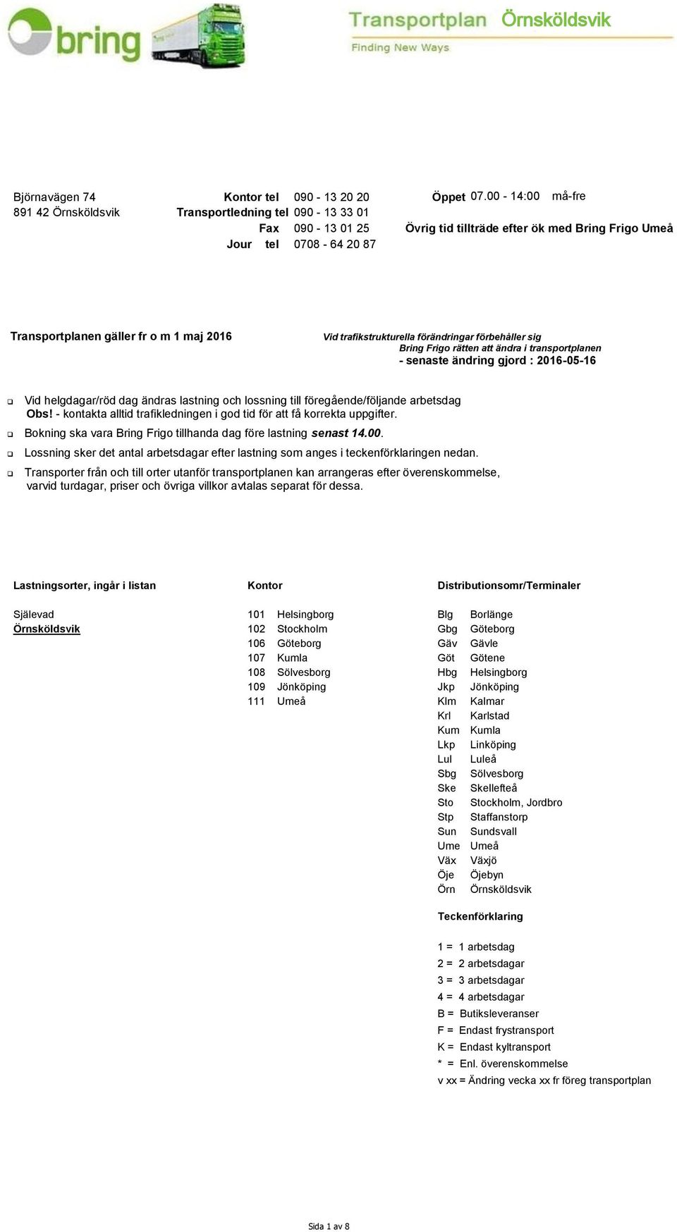 2016 Vid trafikstrukturella förändringar förbehåller sig Bring Frigo rätten att ändra i transportplanen - senaste ändring gjord : 2016-05-16 Vid helgdagar/röd dag ändras lastning och lossning till