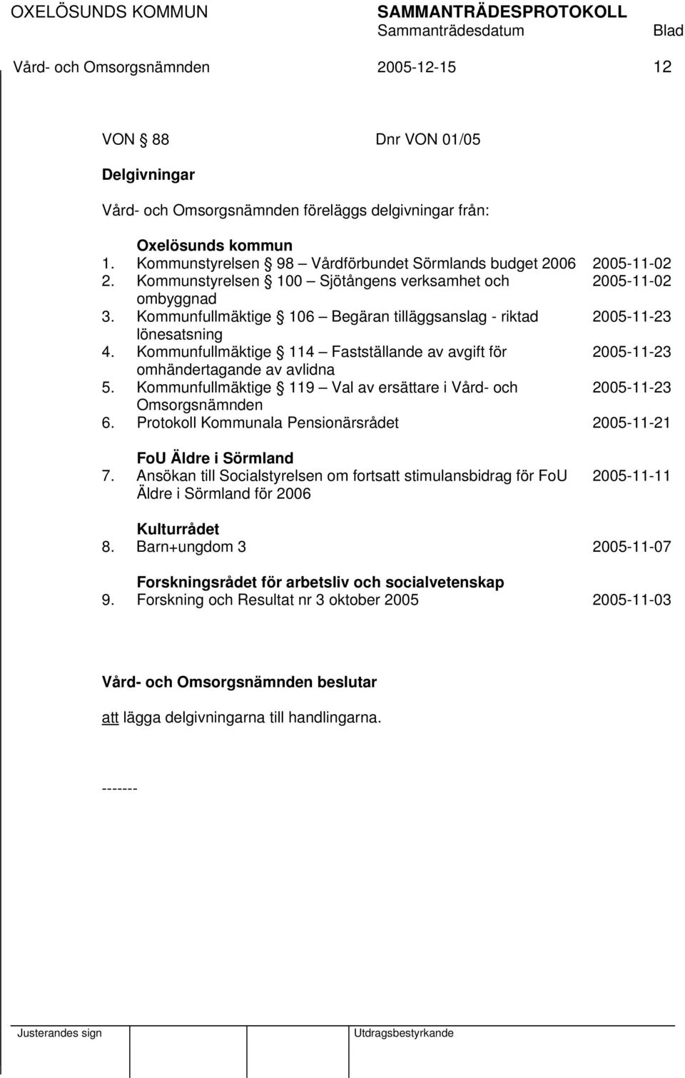 Kommunfullmäktige 106 Begäran tilläggsanslag - riktad 2005-11-23 lönesatsning 4. Kommunfullmäktige 114 Fastställande av avgift för 2005-11-23 omhändertagande av avlidna 5.