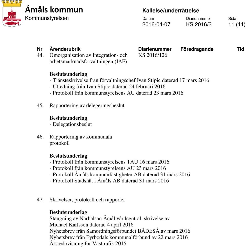 februari 2016 45. Rapportering av delegeringsbeslut - Delegationsbeslut 46.